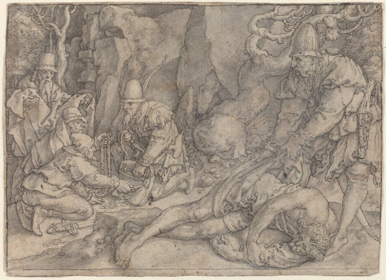 Varkaiden valtaama mies, c. 1554. tekijältä Heinrich Aldegrever