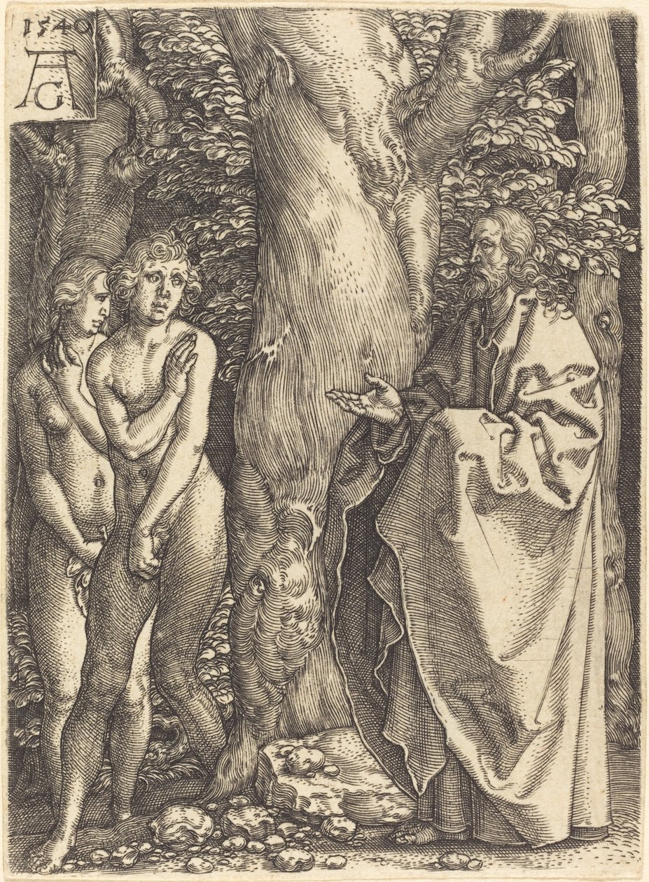 Aadam ja Eeva piiloutuvat, 1540. tekijältä Heinrich Aldegrever
