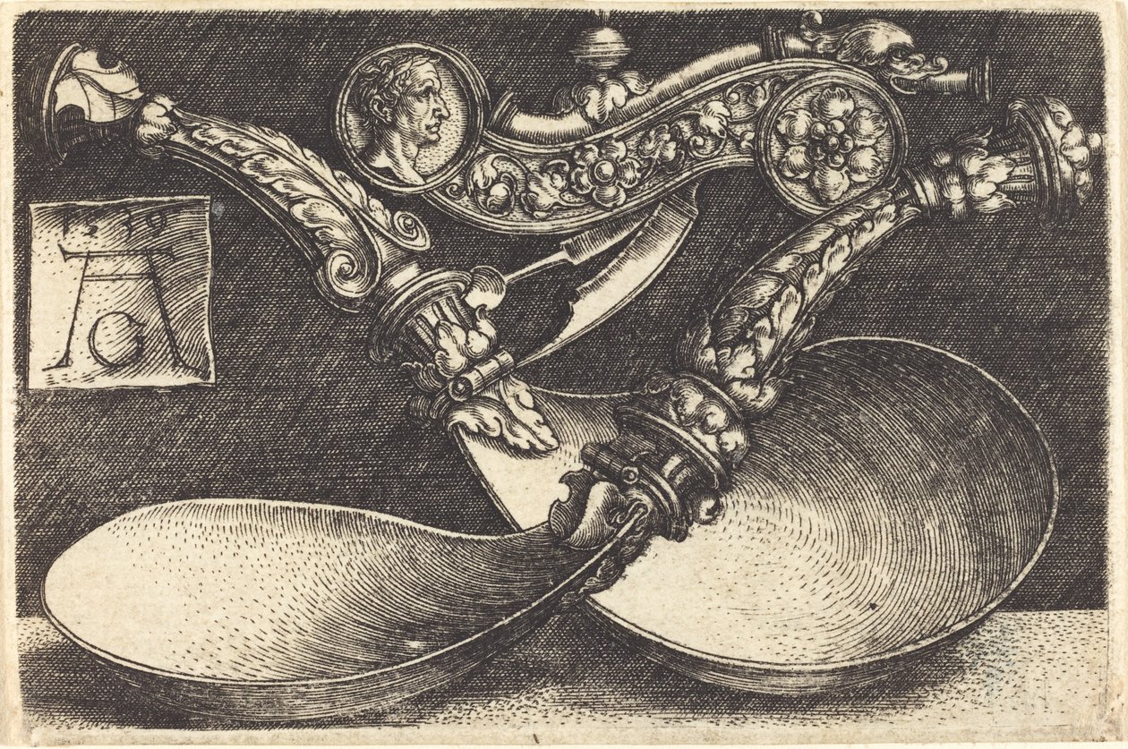 Mallit kahdelle lusikalle ja koiran pillelle, 1539. tekijältä Heinrich Aldegrever