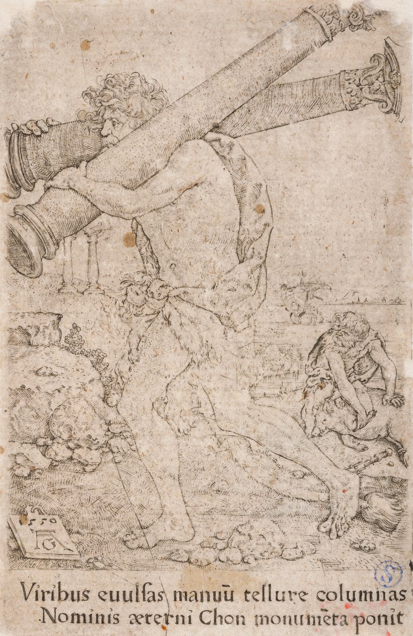 Hercules Carrying the Columns of Gades, sarjasta:  Herculesin työt (12). tekijältä Heinrich Aldegrever