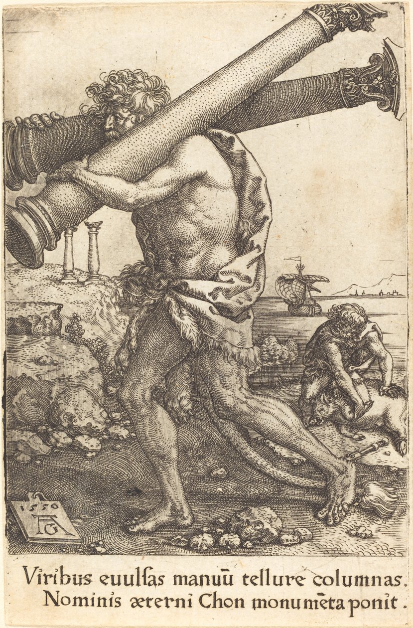 Herkules kantamassa Gazan kahta pylvästä, 1550. tekijältä Heinrich Aldegrever