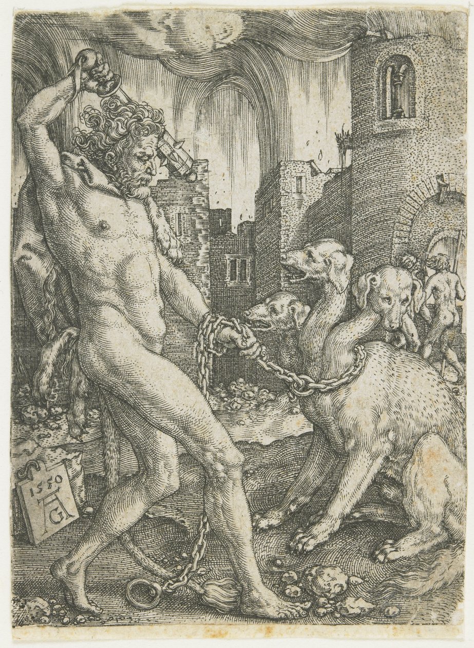 Hercules kahlitsee Cerberuksen, 1550 tekijältä Heinrich Aldegrever