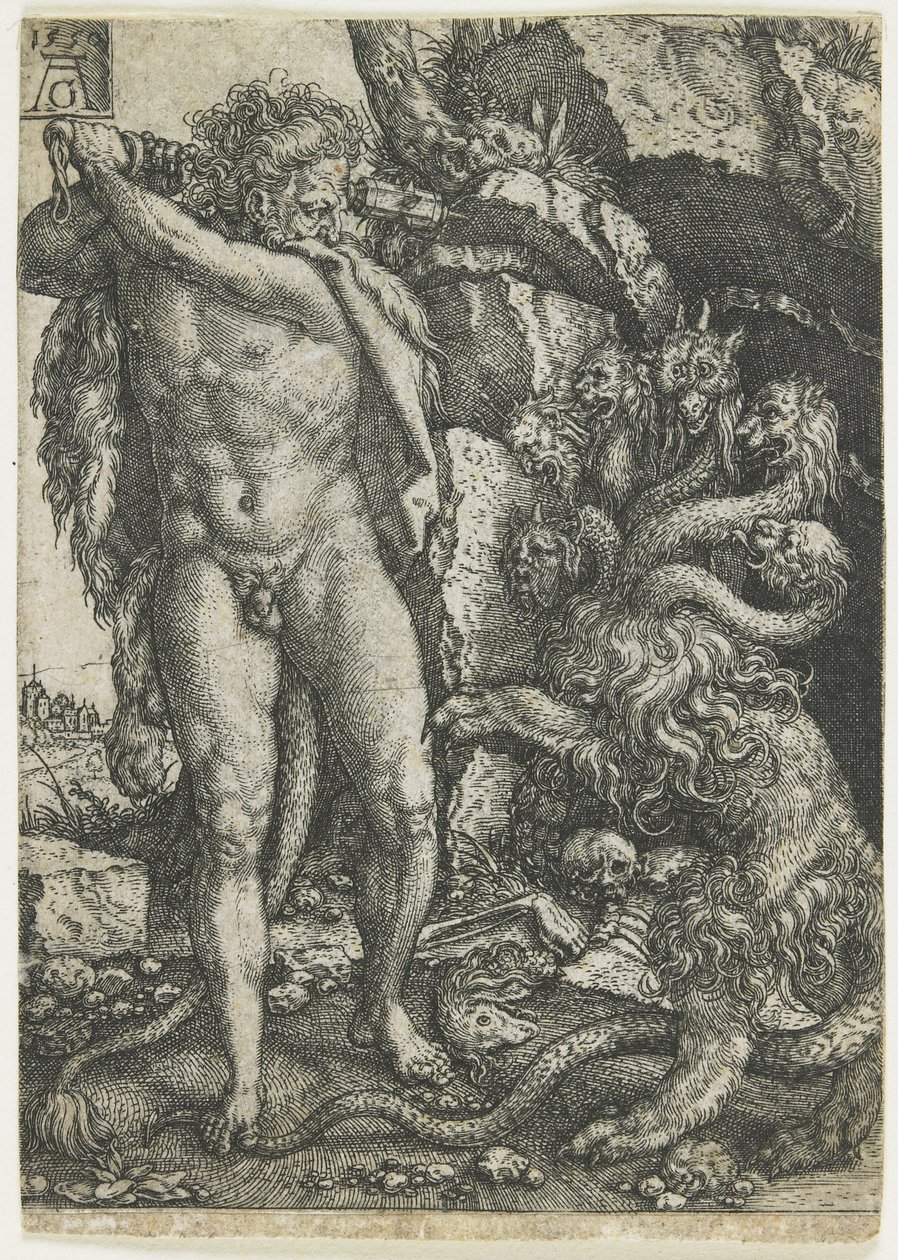 Hercules tuhoaa Lernaean Hydran, 1550 tekijältä Heinrich Aldegrever