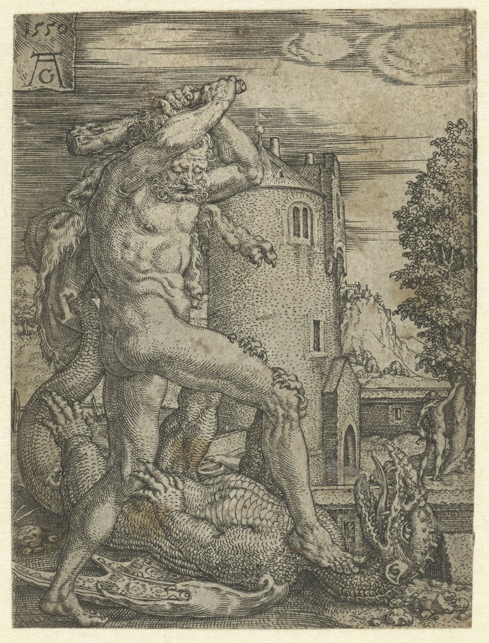 Hercules tappaa lohikäärme Ladonin Labors of Hercules (sarjan nimi) tekijältä Heinrich Aldegrever