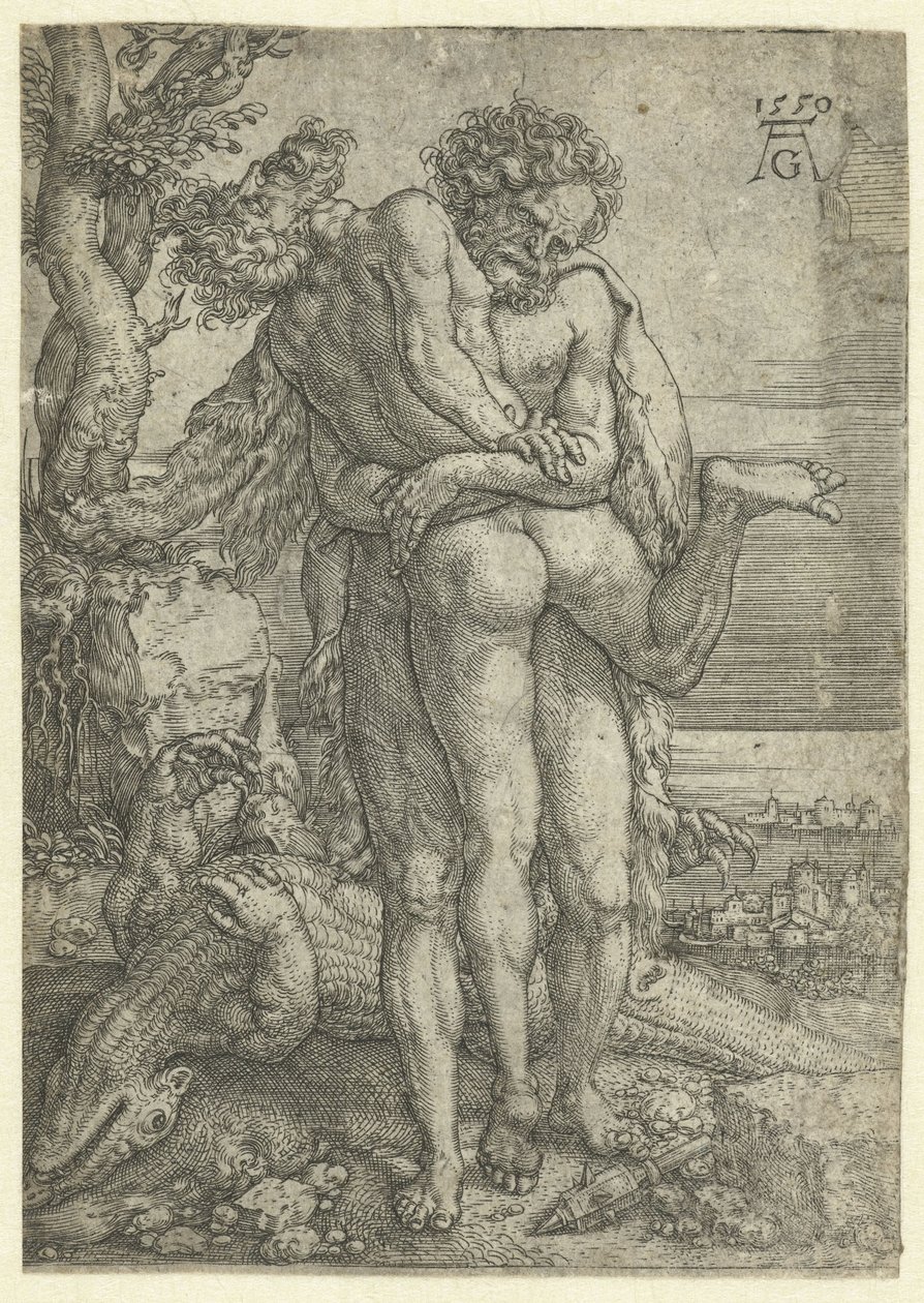 Hercules taistelee jokijumala Achelousta vastaan Labors of Hercules (sarjan nimi) tekijältä Heinrich Aldegrever