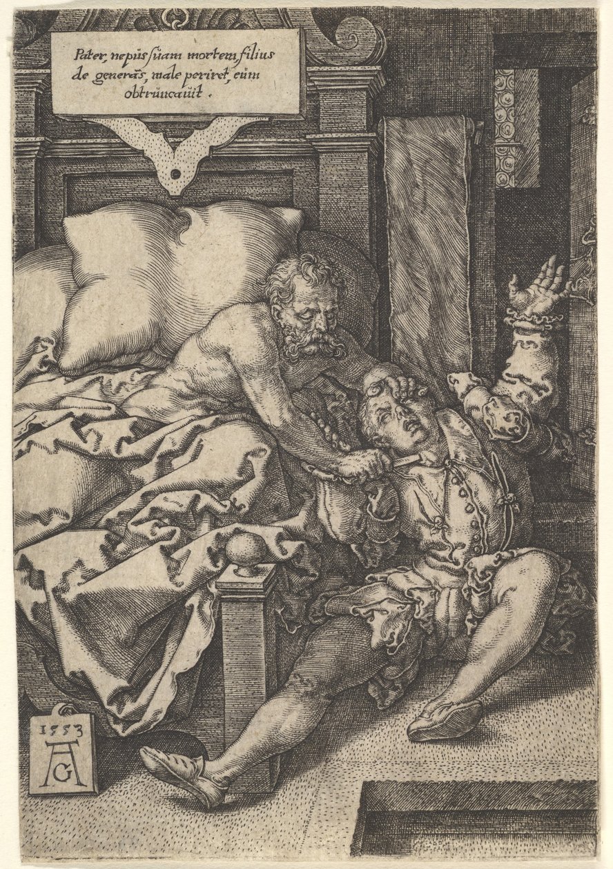 Tuomari Herkinbald leikkaamassa veljenpoikansa kurkun, 1553. tekijältä Heinrich Aldegrever
