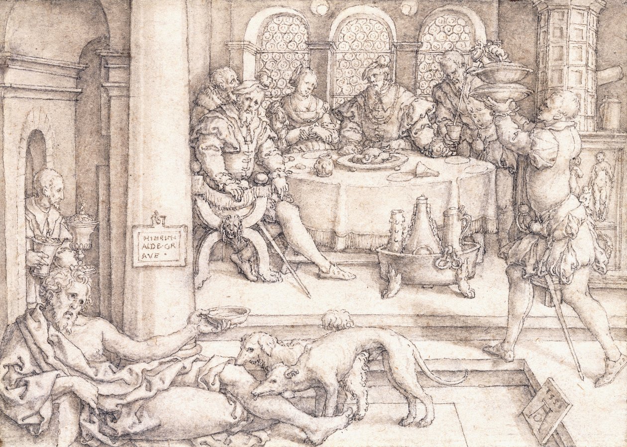 Lasarus kerjäämässä murusia sukelluspöydästä, 1552 tekijältä Heinrich Aldegrever