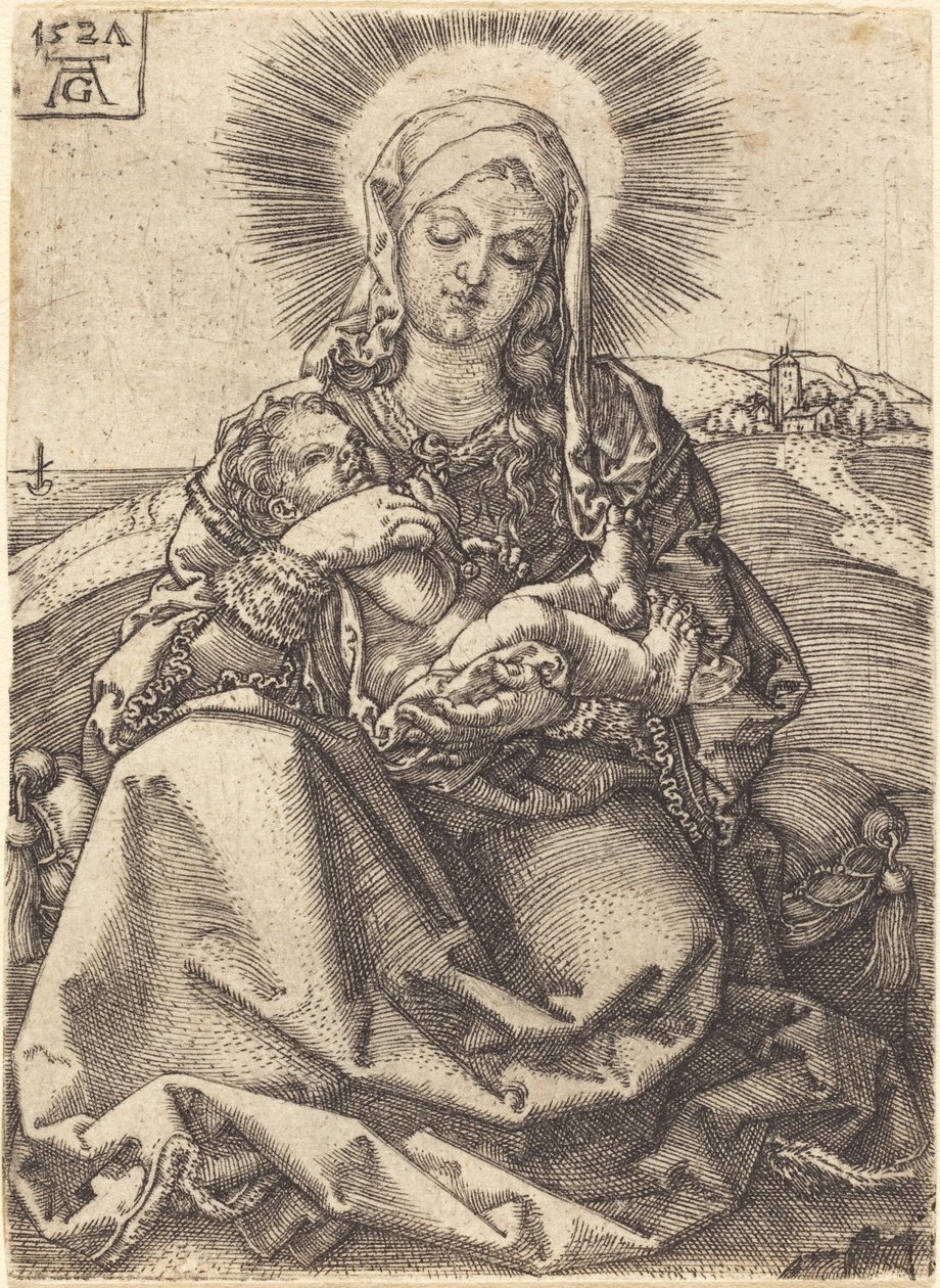 Madonna maisemassa istuen tyynyllä, 1527. tekijältä Heinrich Aldegrever