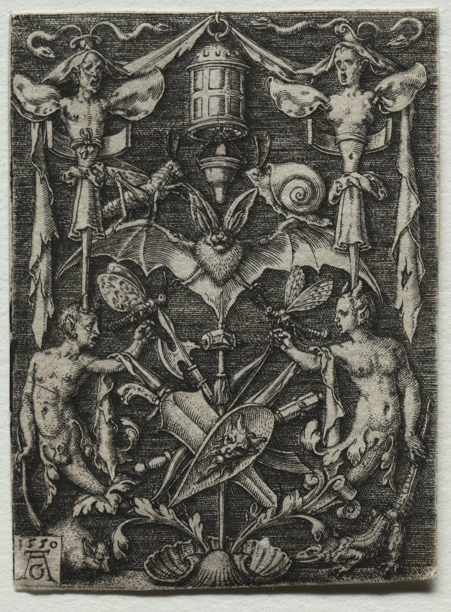 Ornamenttisuunnittelu ja lepakko keskellä, 1550. tekijältä Heinrich Aldegrever