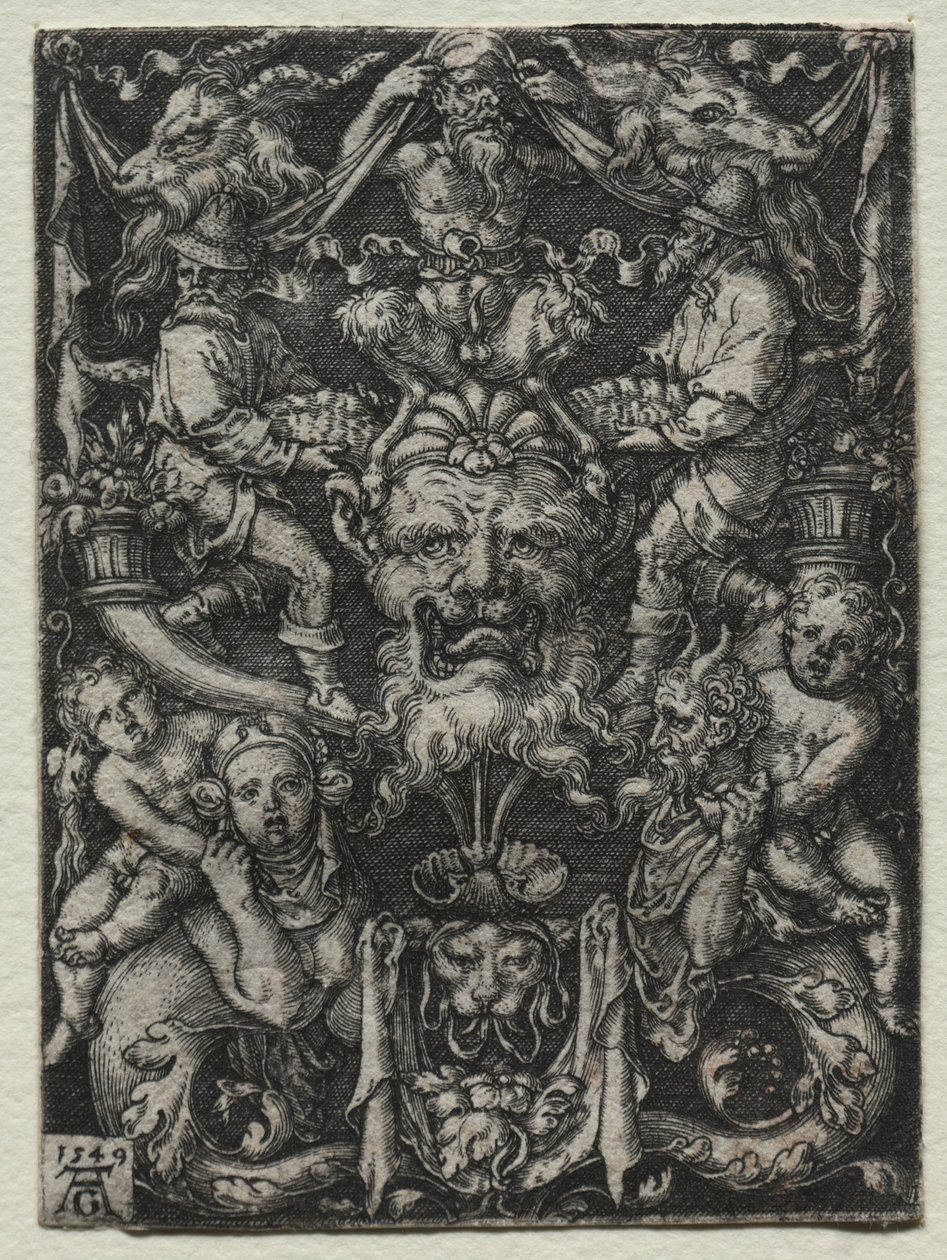 Ornamenttisuunnittelu naamiolla, parilla tritonilla ja kahdella lapsella alla, 1549. tekijältä Heinrich Aldegrever