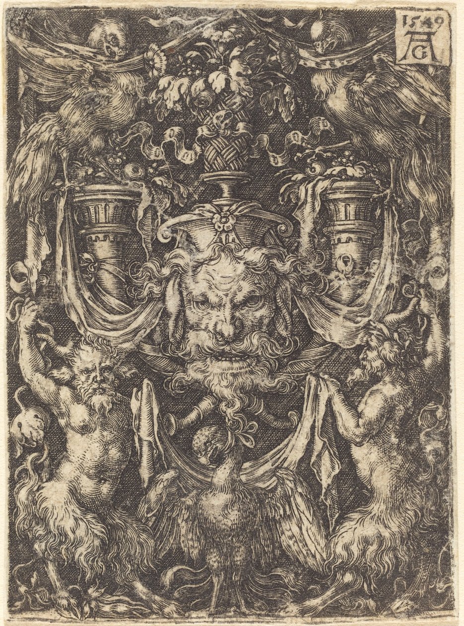 Ornamentti naamiolla, kotka satyyrien välissä alla, 1549. tekijältä Heinrich Aldegrever