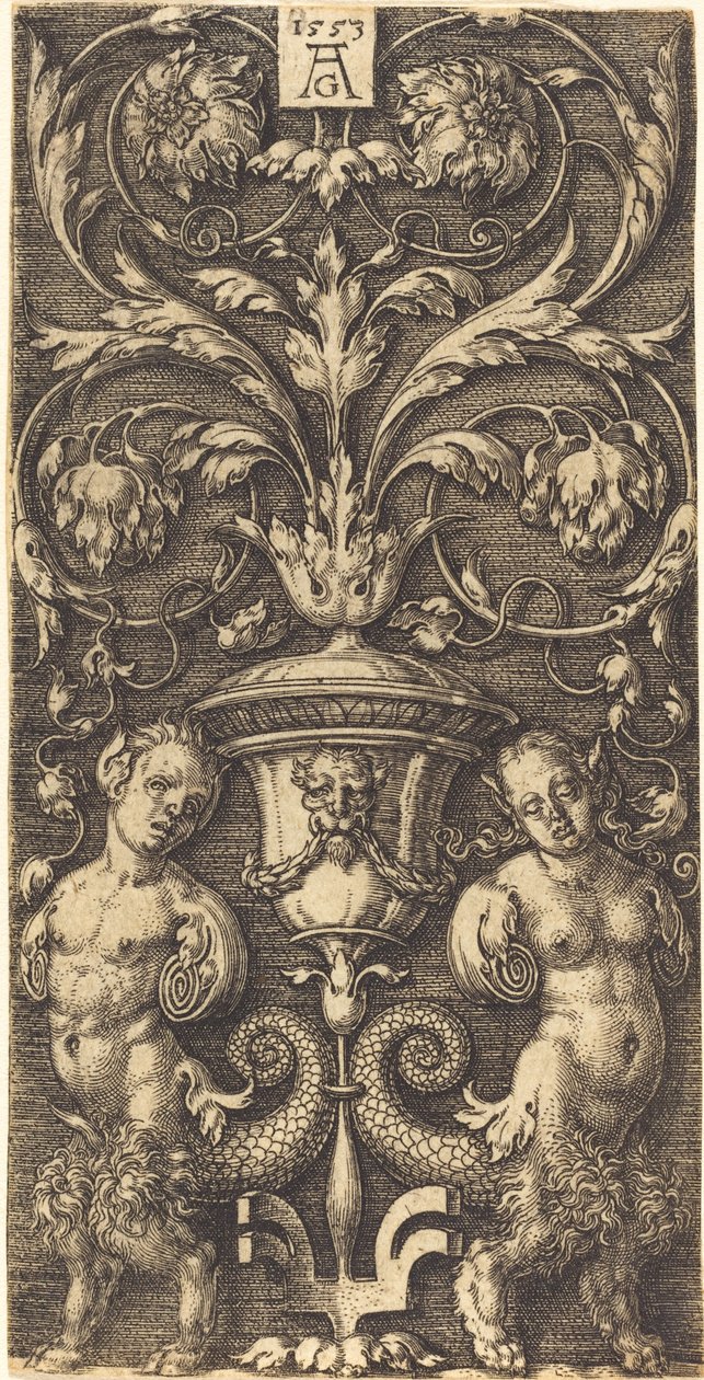 Ornamentti, jossa on maljakko ja kaksi naishahmoa, 1553. tekijältä Heinrich Aldegrever