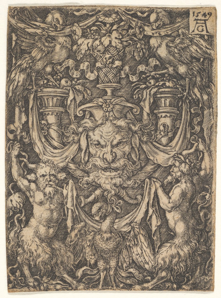 Koristekuvio naamion ja kotkan kanssa kahden faunin välissä alla, 1549. tekijältä Heinrich Aldegrever