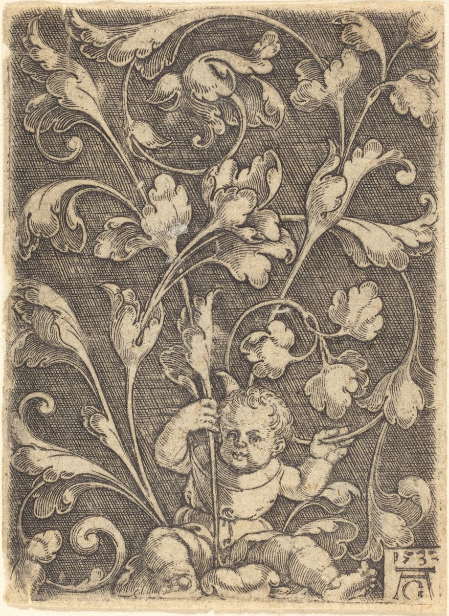 Rullaornamentti istuvan lapsen kanssa, 1532. tekijältä Heinrich Aldegrever
