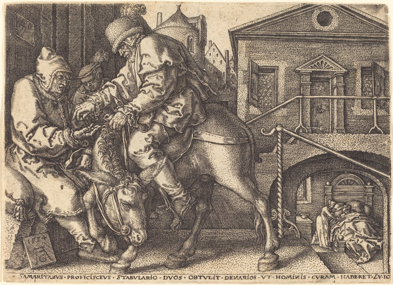 Laupias samarialainen, joka maksaa matkustajan majoituksen, 1554. tekijältä Heinrich Aldegrever