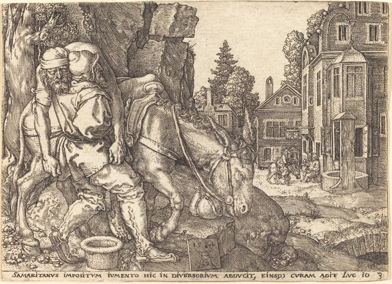 Laupias samarialainen asettaa matkustajan muulin selkään, 1554. tekijältä Heinrich Aldegrever
