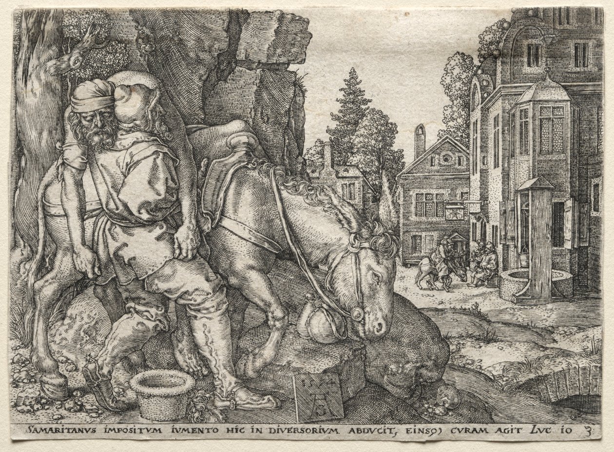 Vertaus laupias samarialainen: laupias samarialainen laittaa matkustajan aasilleen, 1554. tekijältä Heinrich Aldegrever