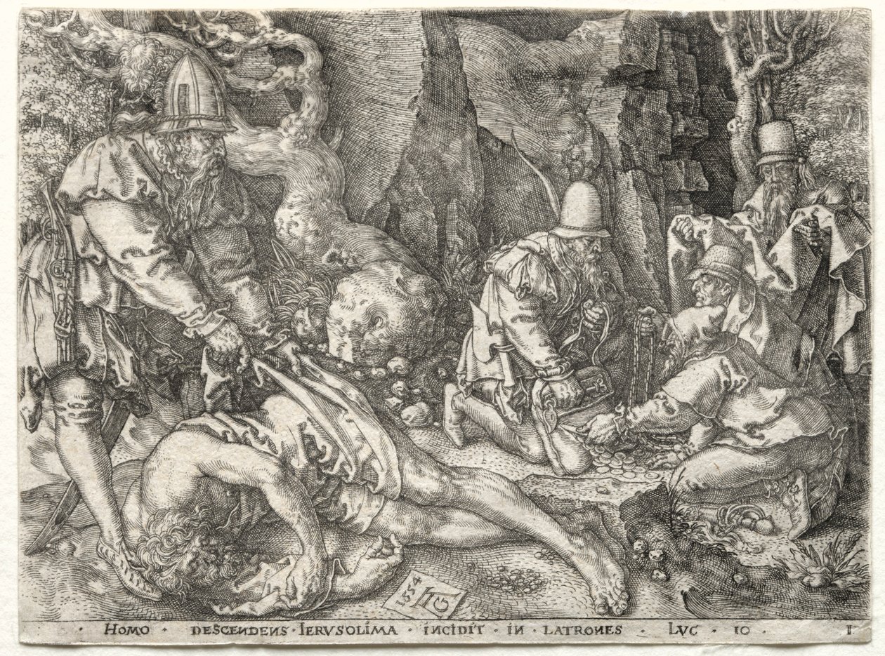 Vertaus laupiaasta samarialaisesta: Ryöstäjät hyökkäävät matkustajia vastaan, 1554. tekijältä Heinrich Aldegrever