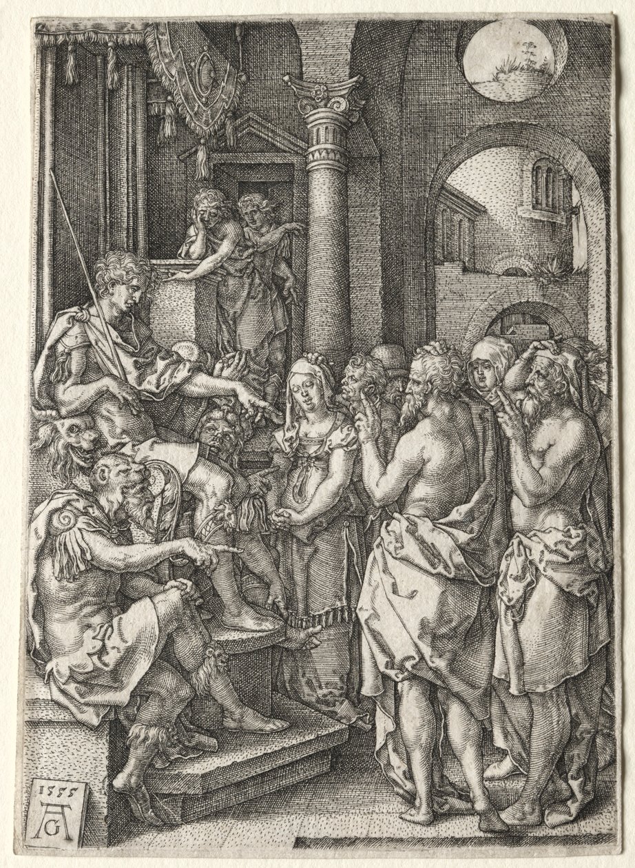 Susannan tarina: Susannaa syytetään aviorikoksesta, 1555. tekijältä Heinrich Aldegrever