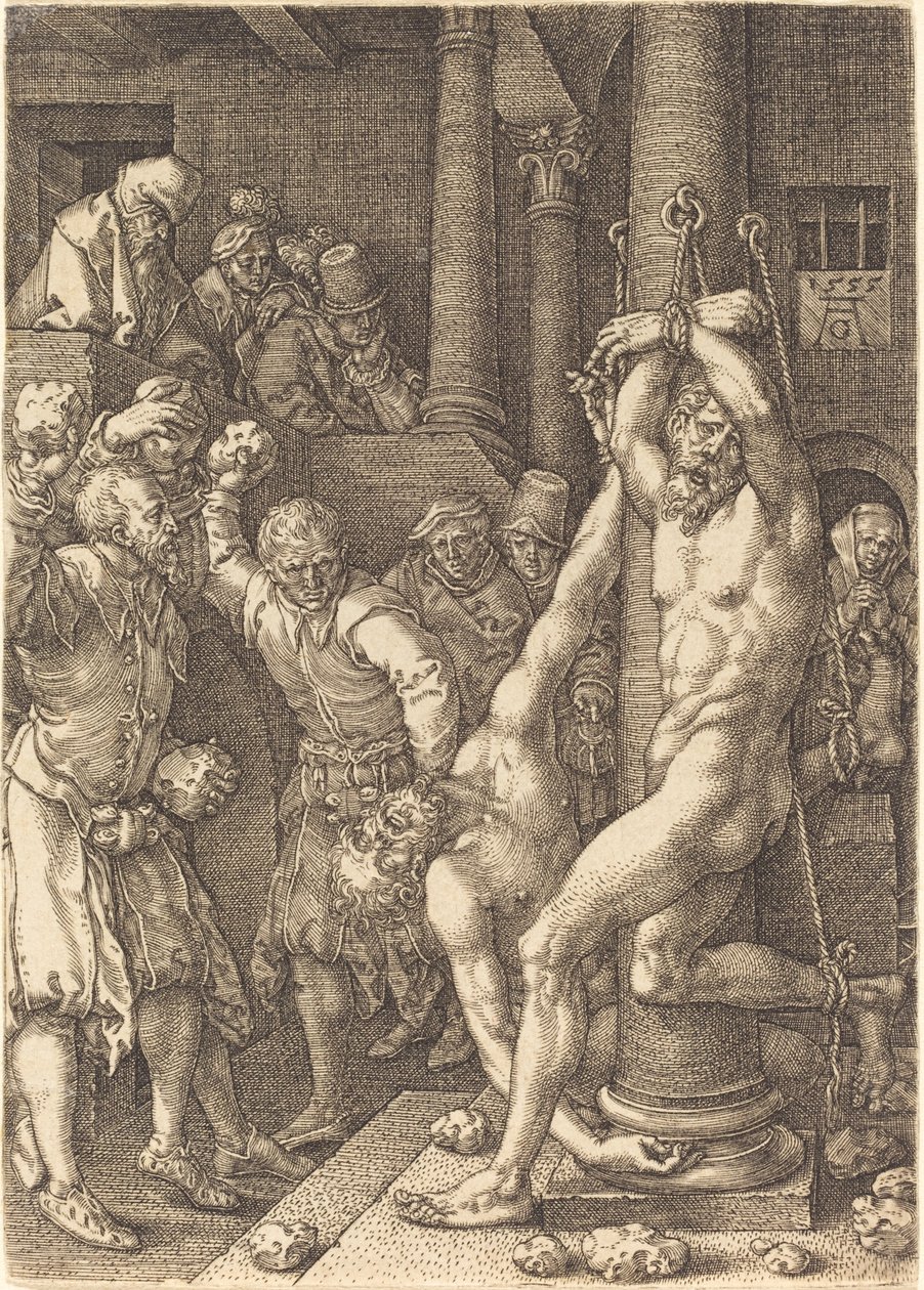 Ihmisten kivittämät kaksi vanhinta, 1555. tekijältä Heinrich Aldegrever