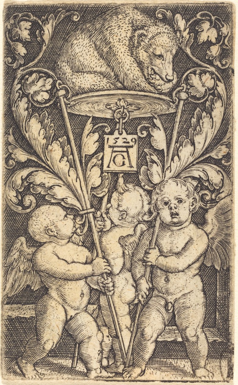 Kolme Cupidoa ja karhu, 1529. tekijältä Heinrich Aldegrever
