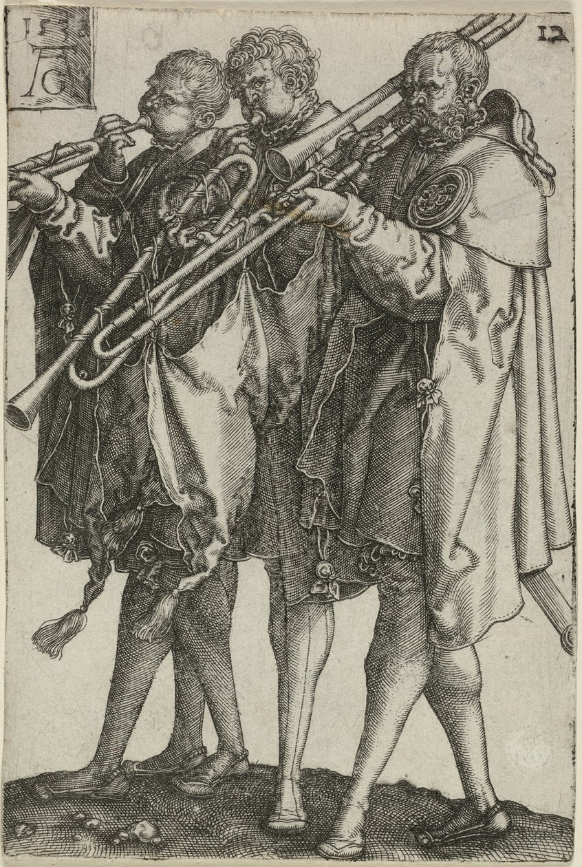 Kolme trombonistia, levy kaksitoista Large Wedding-Dancersilta tekijältä Heinrich Aldegrever