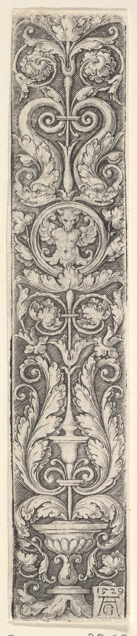Pystysuuntainen paneeli kynttelikköllä, jossa on kentaurilla varustettu medaljonki ja dolpipari..., 1529. tekijältä Heinrich Aldegrever