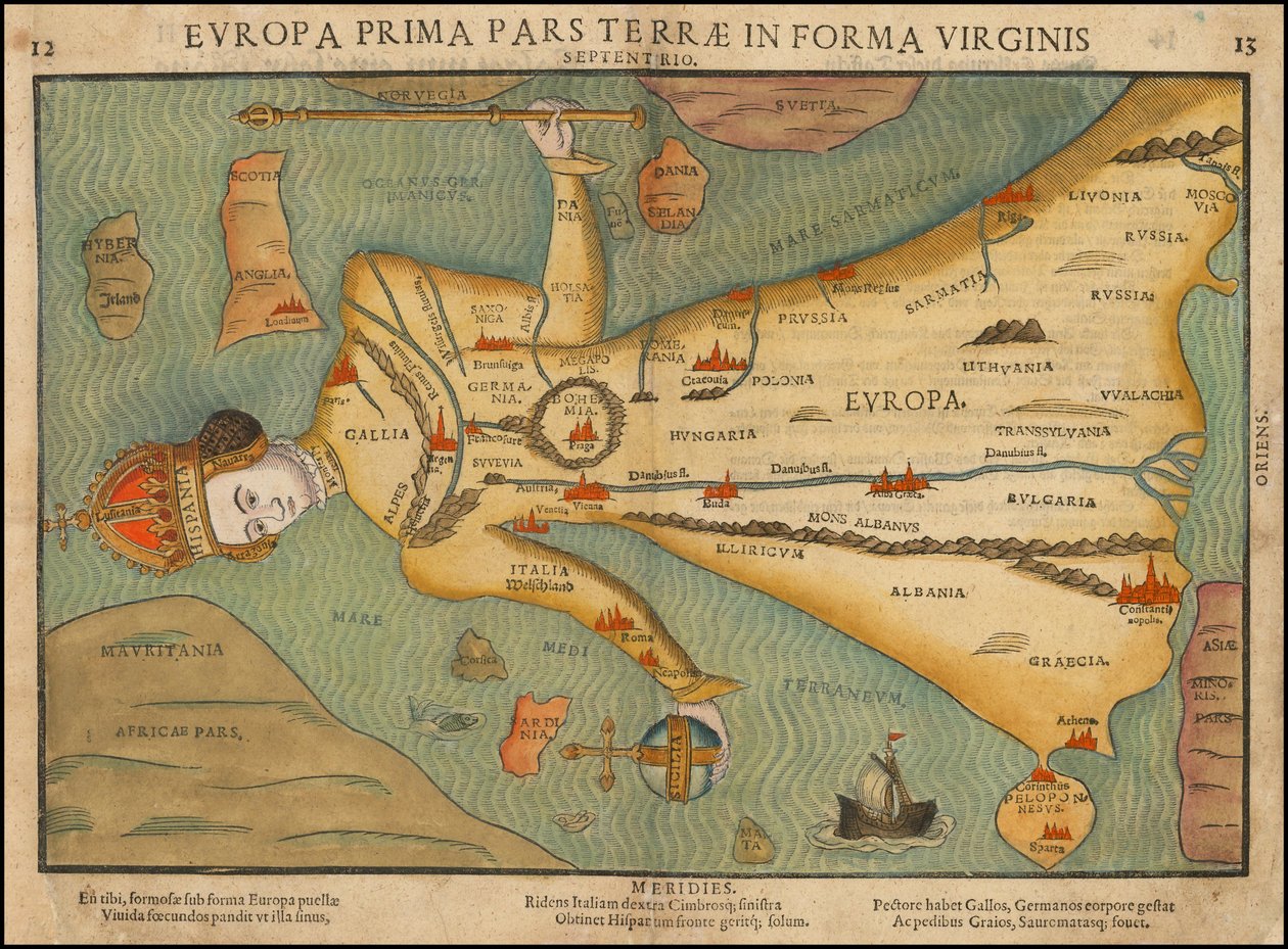 Heinrich Büntingin 1580-luvun antropomorfinen Euroopan kartta. tekijältä Heinrich Bünting