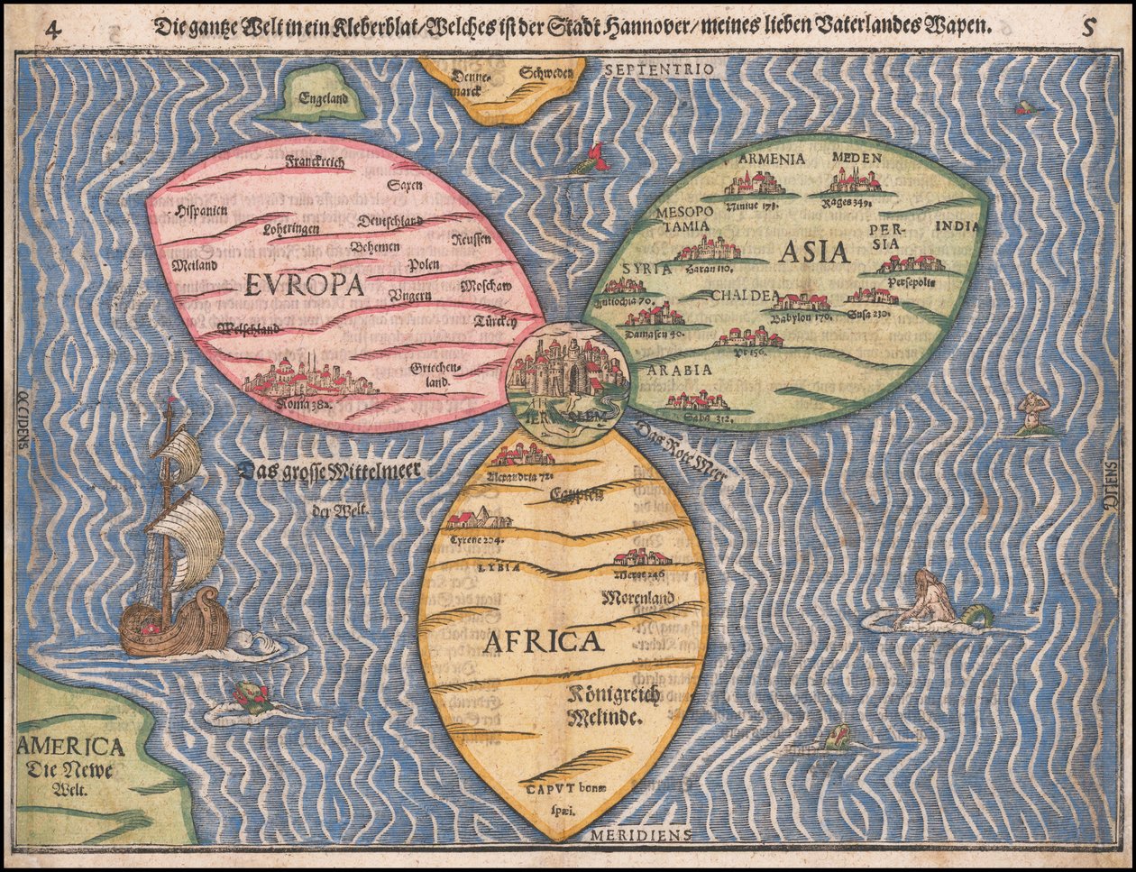 Heinrich Buentingin laatima apilanlehti maailmankartta vuodelta 1581 tekijältä Heinrich Bünting