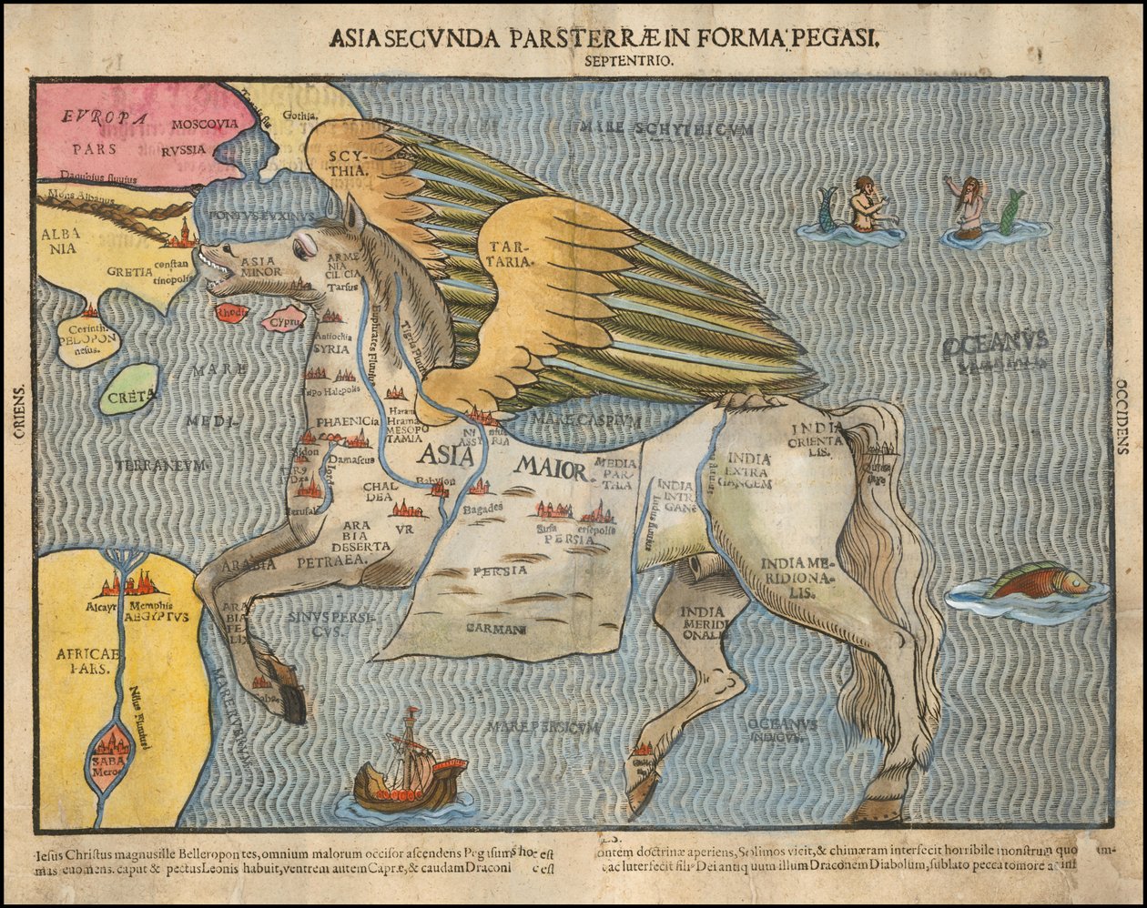 Ca. Heinrich Büntingin vuonna 1581 laatima kuvakartta, jossa Aasiaa kuvataan Pegasuksena. tekijältä Heinrich Bünting