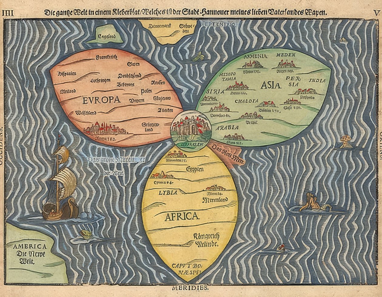 Maailman kolme maanosaa kuin apila, Jerusalem keskellä. 1581 tekijältä Heinrich Bünting