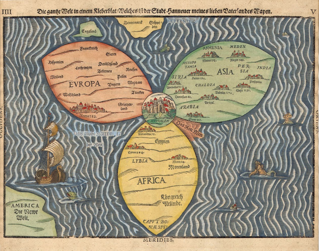 Kolme maanosaa ja Jerusalem maailman keskustassa, 1581 tekijältä Heinrich Bünting