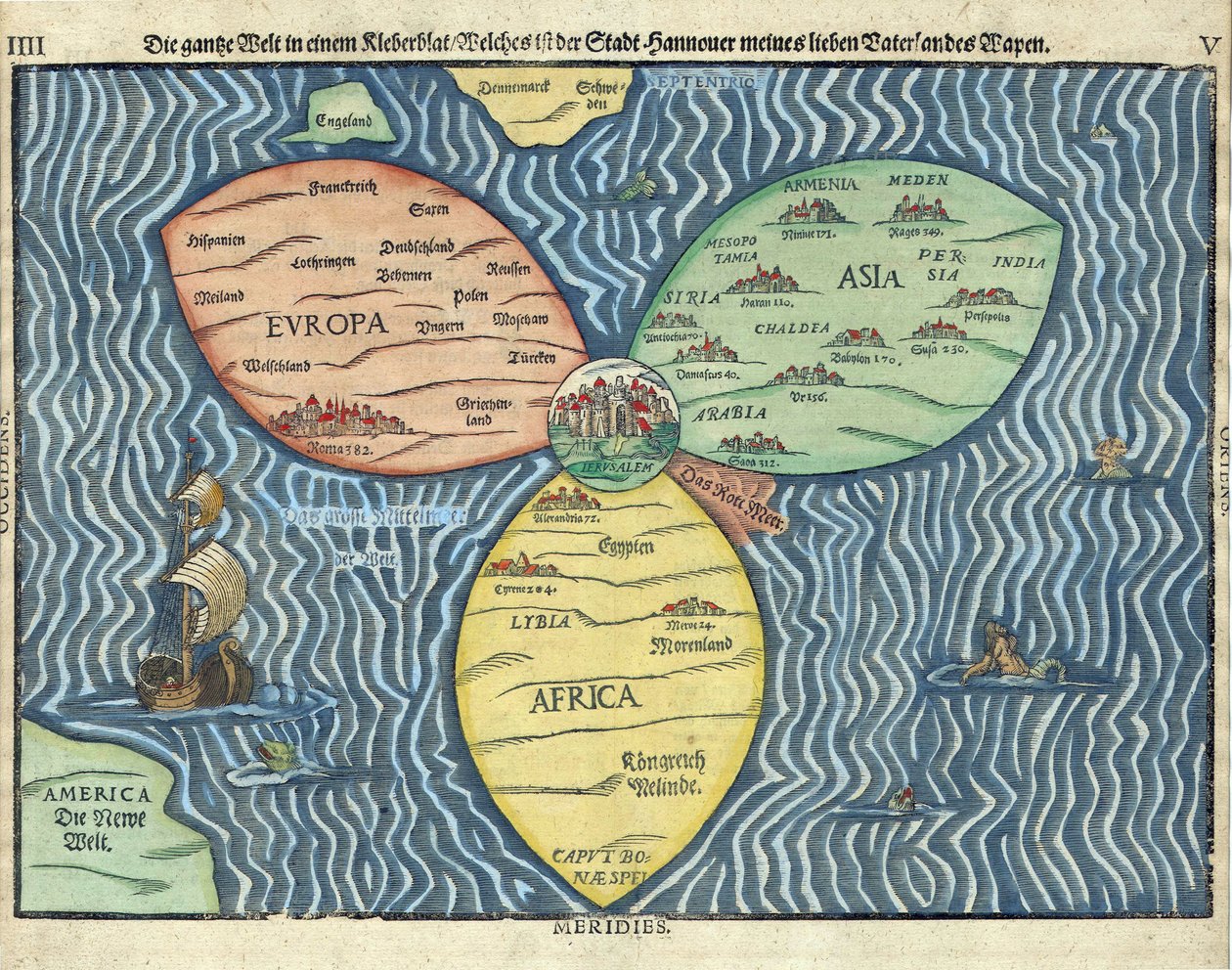 Kolme maanosaa ja Jerusalem maailman keskustassa par Heinrich Buntig (Buentig) (1545-1606) tekijältä Heinrich Buntig