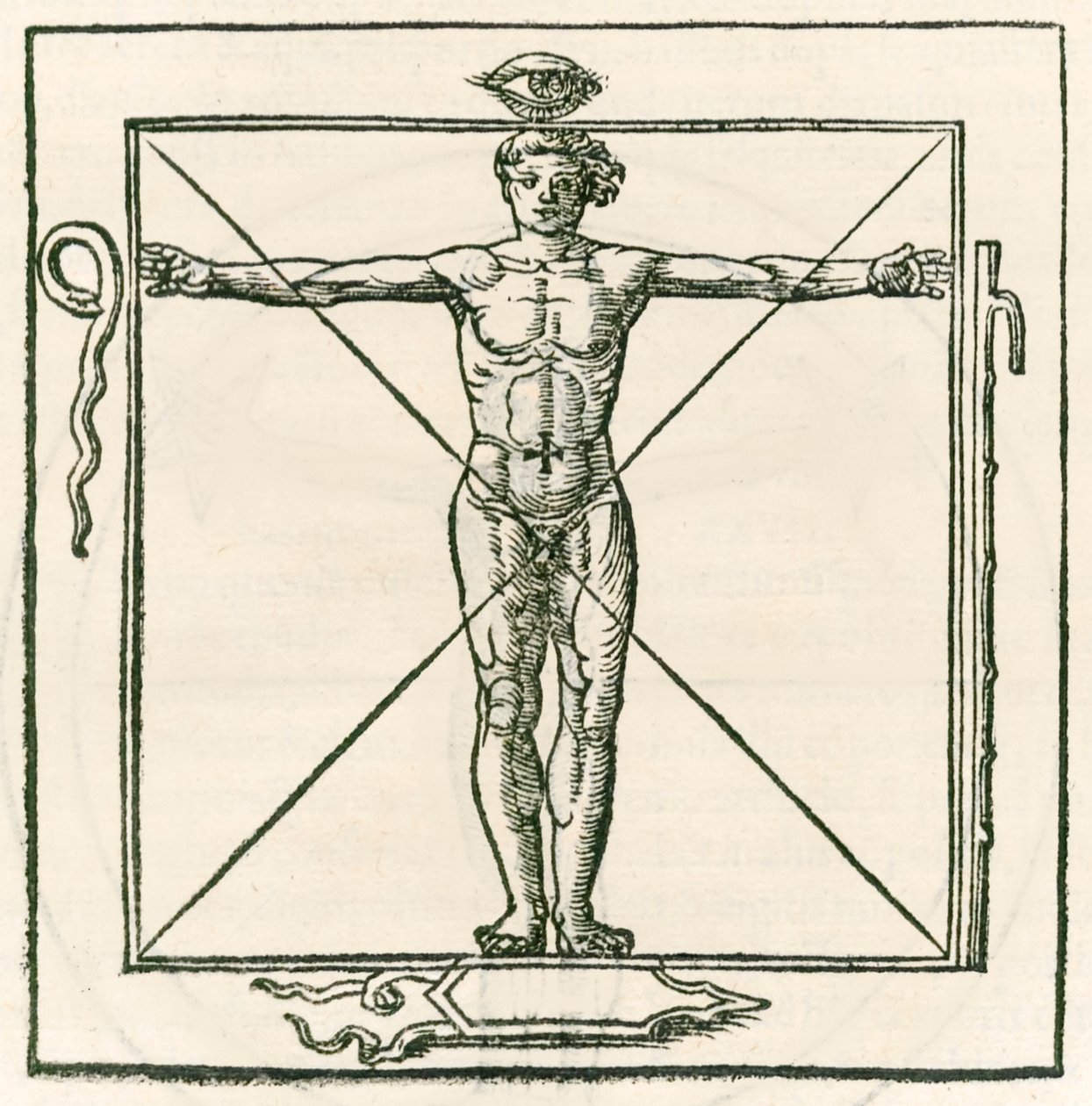 Mies aukiolla, jota ympäröivät silmän, käärmeen, seitsemän osan sauva ja kilpi symbolit. Kaiverrus Heinrich Cornelius Agrippa von Nettesheimilta (1486-1535) De occulta philosophia libri tres (kolme B tekijältä Heinrich Cornelius Agrippa von Nettesheim