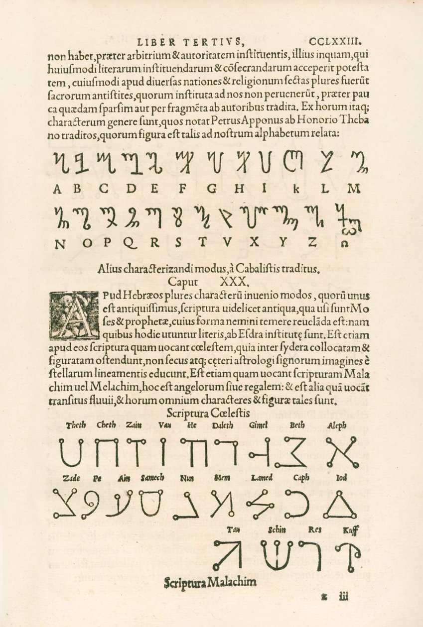 Theban aakkoset (kunniaaakkoset tai Honoriuksen riimut) ja taivaalliset aakkoset (Scriptura Malachim tai enkelikirjoitus) Kaiverrus Heinrich Cornelius Agrippa von Nettesheimilta (1486-1535) De occul tekijältä Heinrich Cornelius Agrippa von Nettesheim