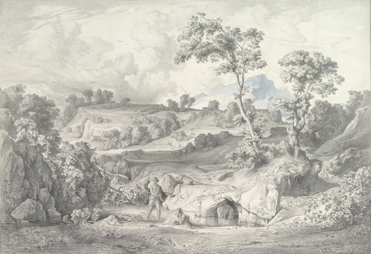 Eteläinen maisema, jossa mies ja käärme, 1847. tekijältä Heinrich Dreber