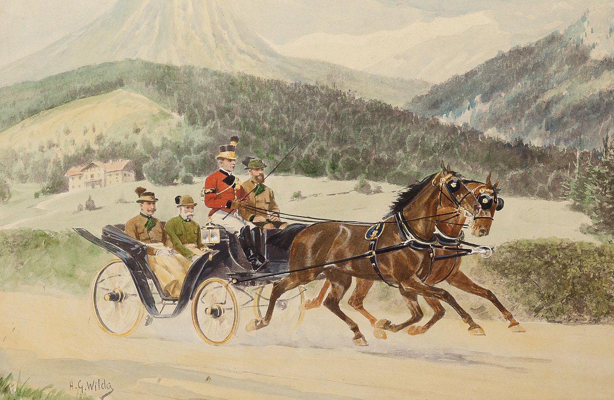 Itävallan keisari Franz Joseph I ja arkkiherttua Franz Ferdinand vaunuissa, 1900-1910-luvut. tekijältä Heinrich Gottfried Wilda