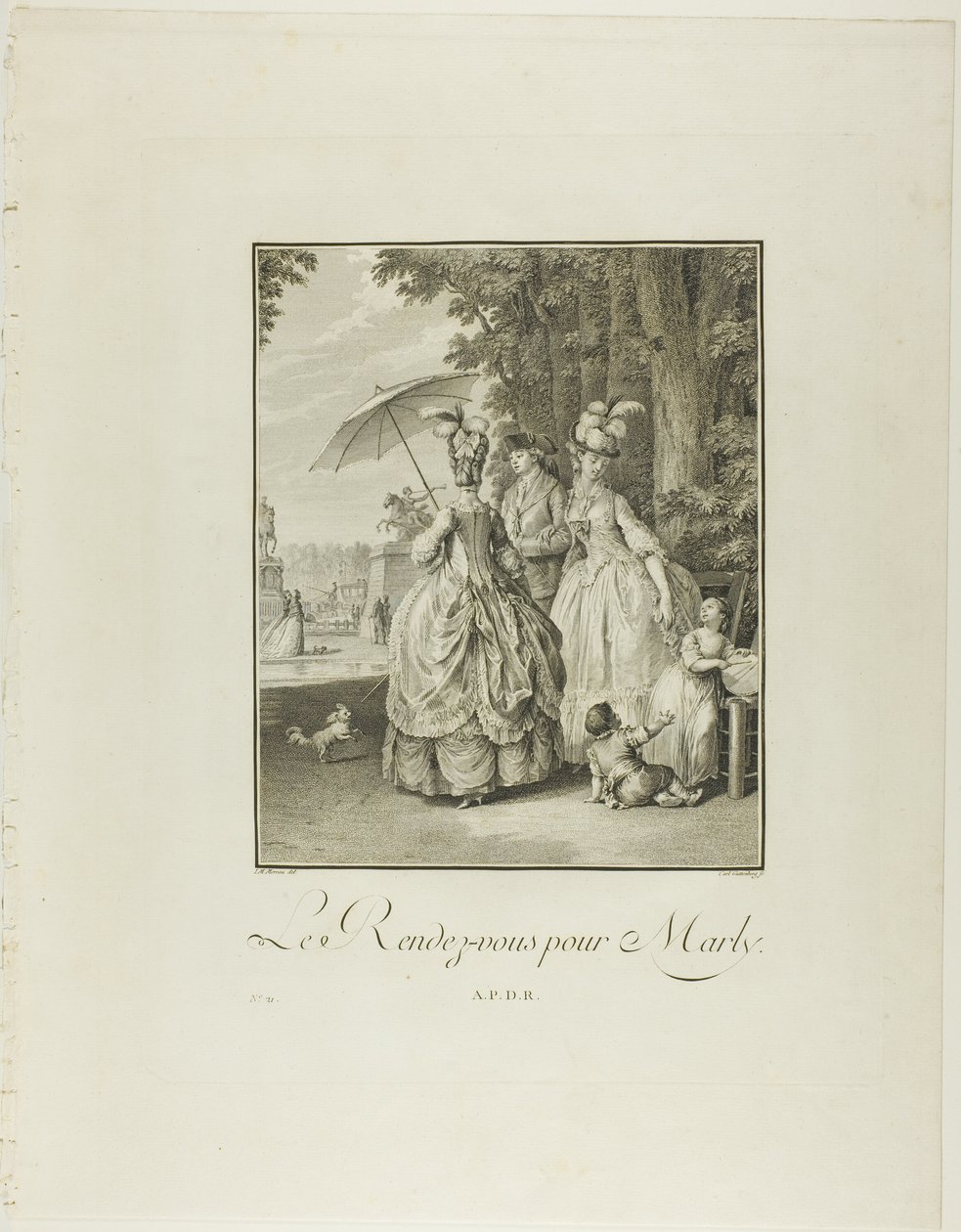 Rendezvous For Marly, teoksesta Monument du Costume Physique et Moral de la fin du Dix-huitième siècle (Monument du Costume Physique et Moral de la fin du Dix-huitième siècle) tekijältä Heinrich Guttenberg