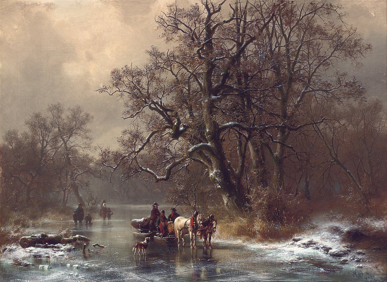 Metsästäjät jäätyneellä vesiväylällä, 1873 tekijältä Heinrich Hofer