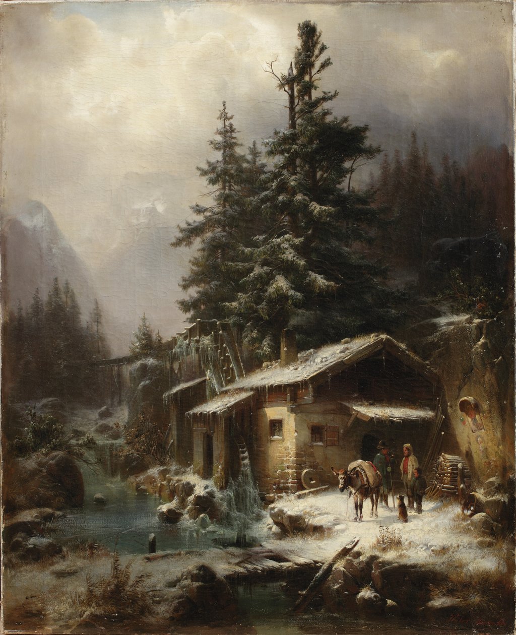 Talvimaisema, jossa hahmoja lepäävät lähellä vesimyllyä, 1866 tekijältä Heinrich Hofer