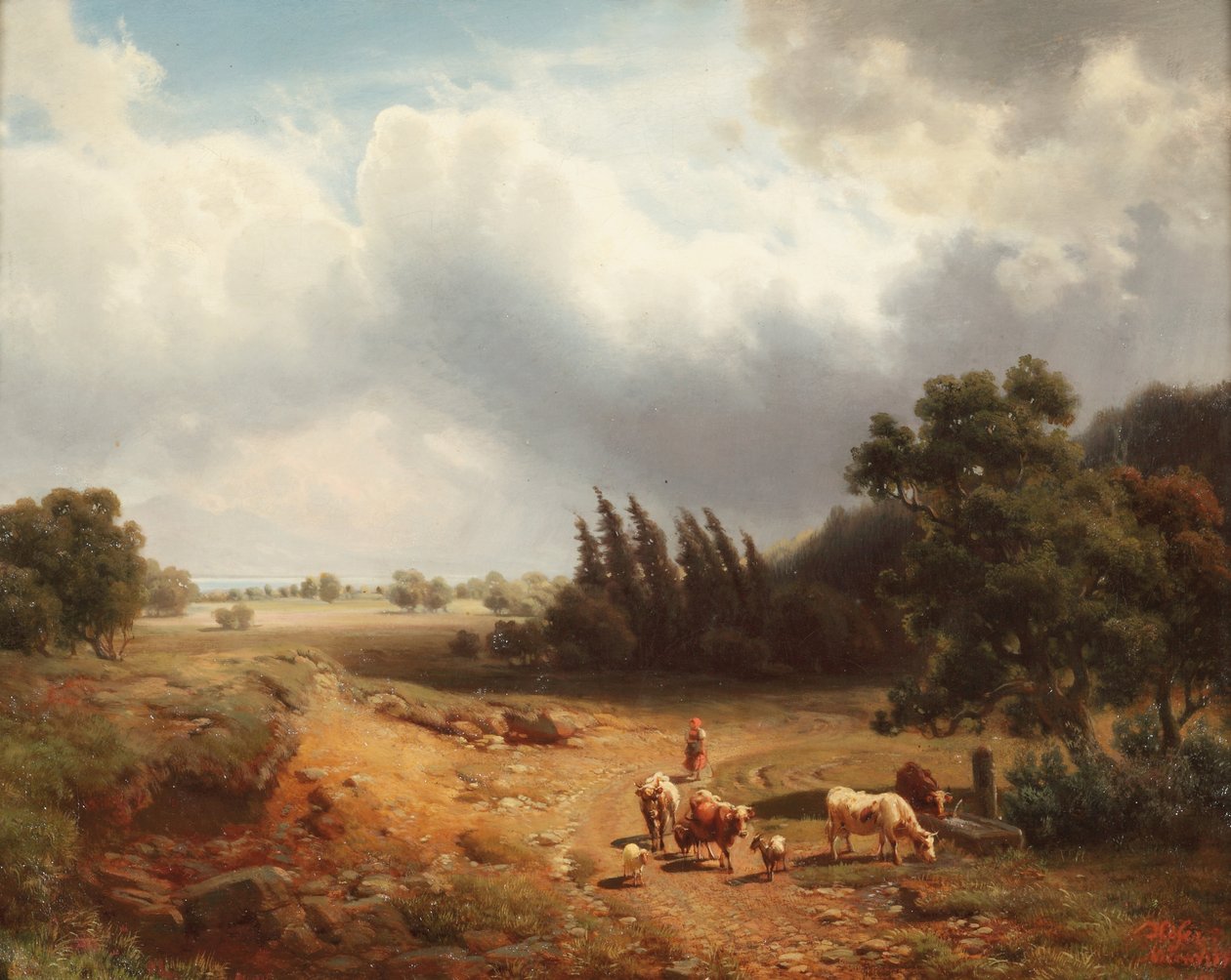 Metsäinen maisema paimentar ja hänen karjansa, 1862 tekijältä Heinrich Hofer