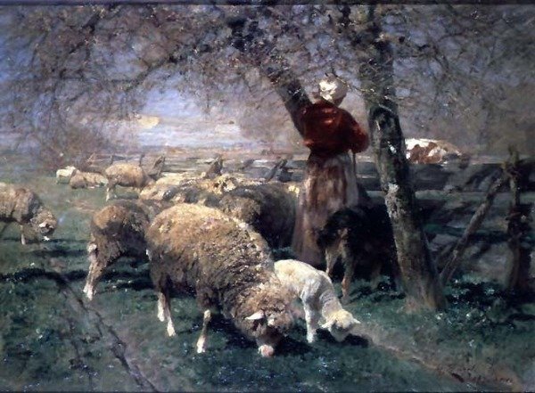 Paimentar ja lammas maisemassa; tekijältä Heinrich Johann von Zugel