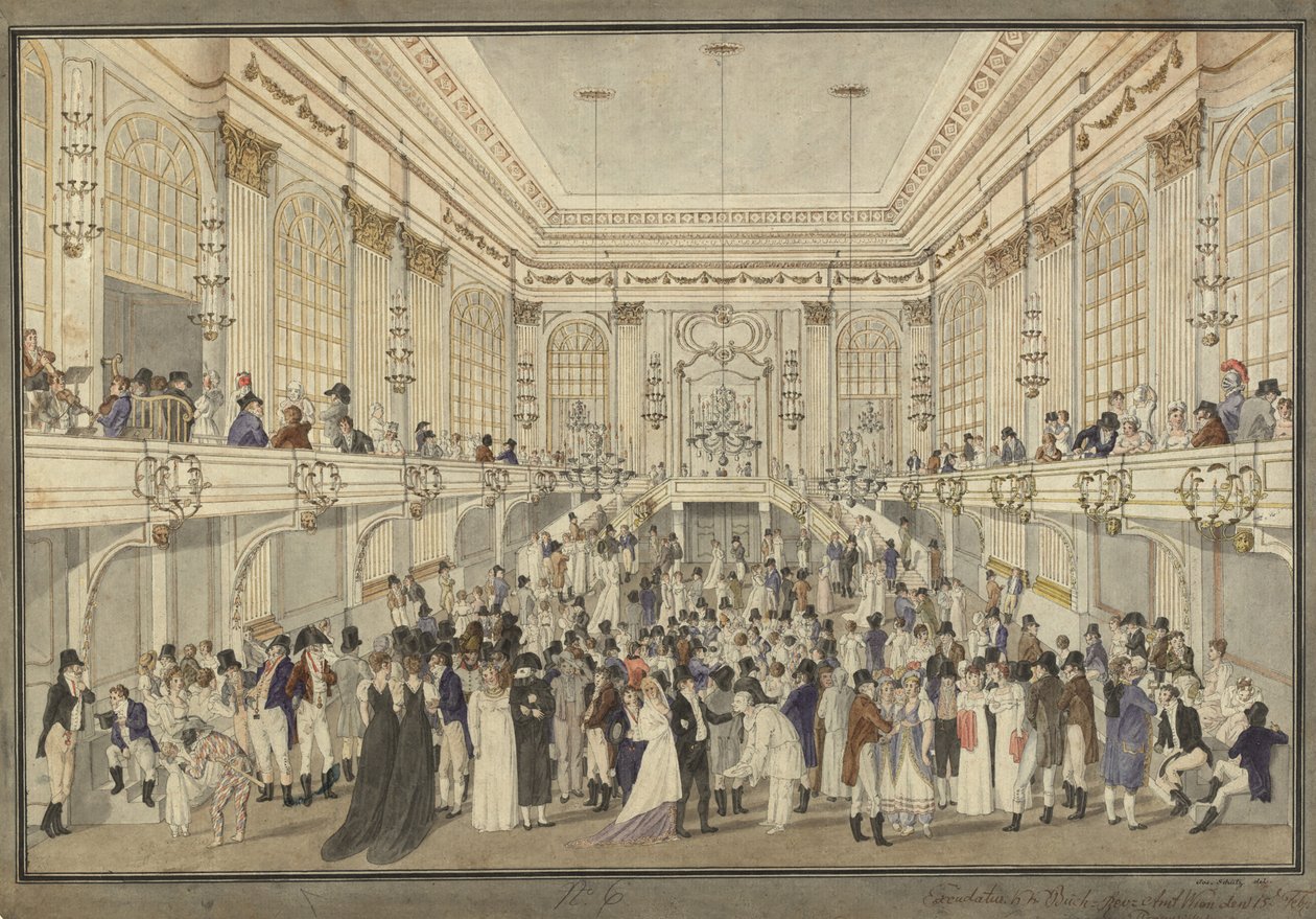 Naamiopallo Wienin Hofburgin Redoutensaalissa, n. 1815. tekijältä Heinrich Joseph Schütz