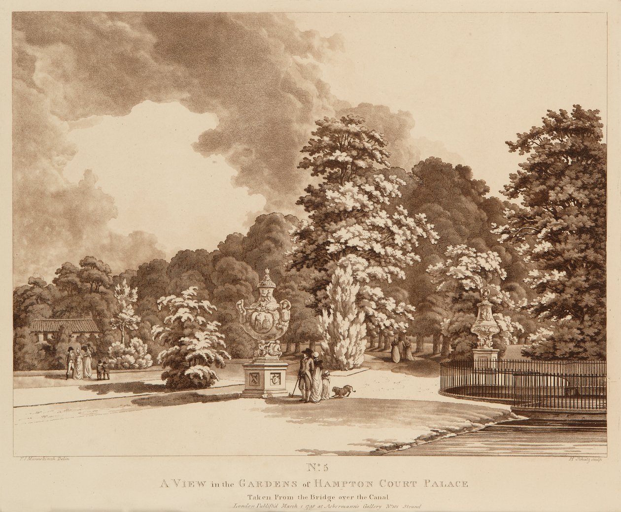 Näkymä Hampton Court Palacen puutarhaan (etsaus ja akvatinta) tekijältä Heinrich Joseph Schuz