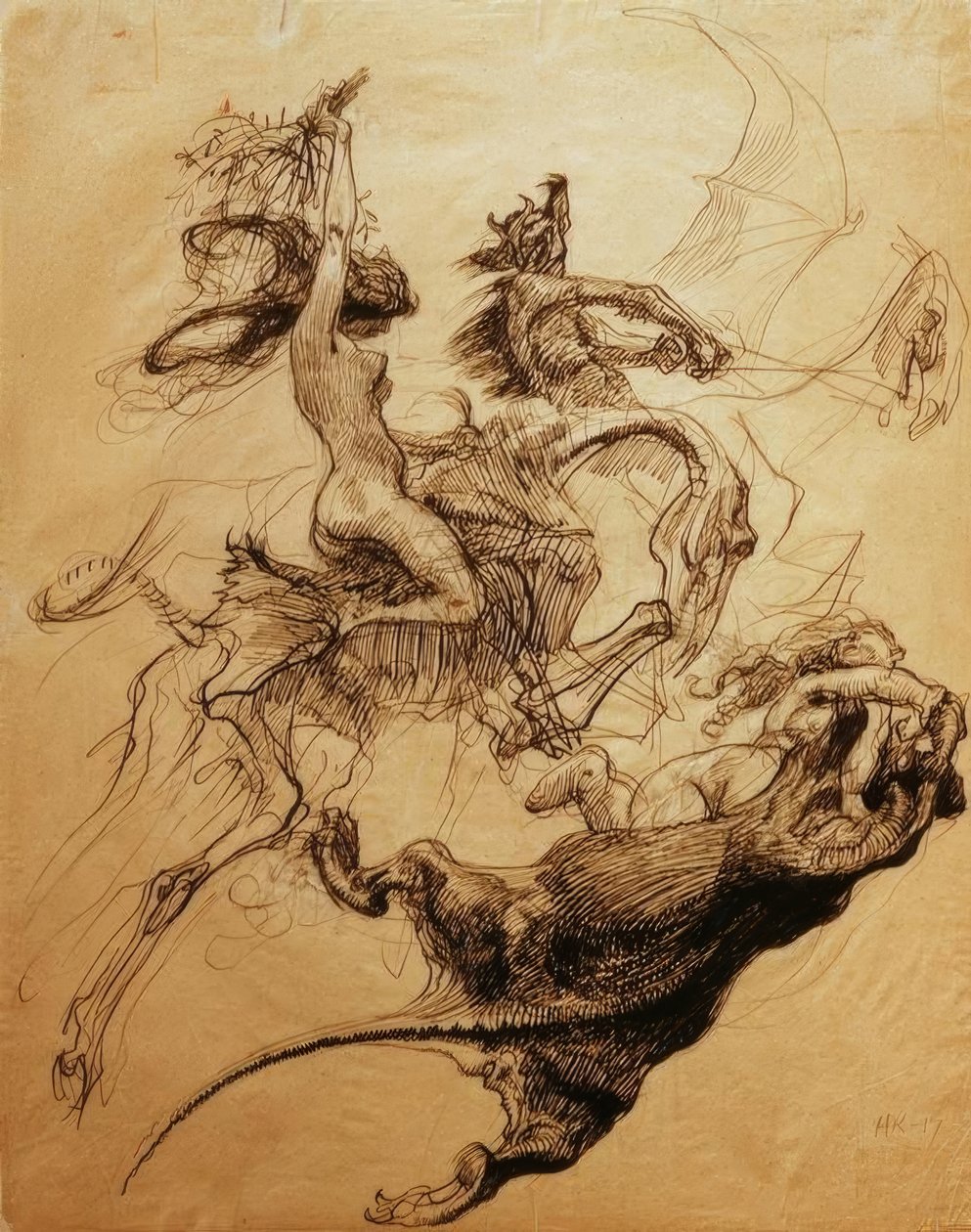 Alaston nainen luuranko ja paholainen ratsastaa pterodactyl tekijältä Heinrich Kley