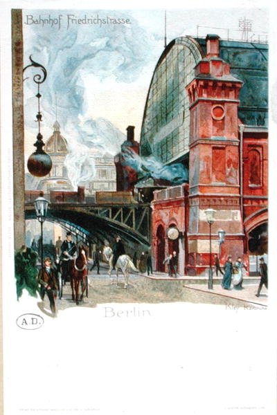 Rautatieasema Friedrichstrassella, Berliini, noin 1900 (värilitografia). tekijältä Heinrich Kley