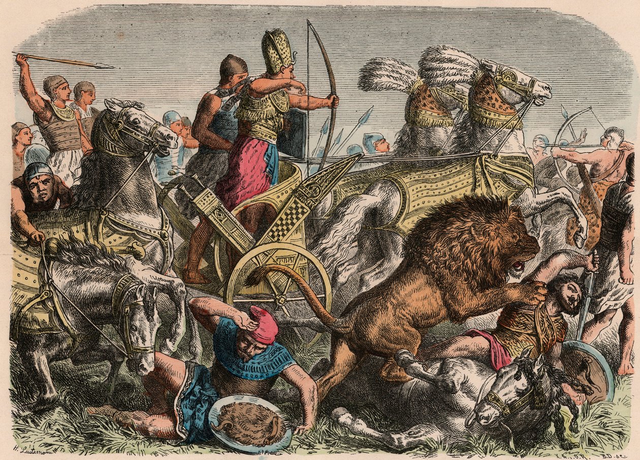 Muinainen Egypti: Farao Ramses II taistelee heettiläisten armeijan sotaleijoneita vastaan Qadeshissa, 1274 eKr., 1866 tekijältä Heinrich Leutemann
