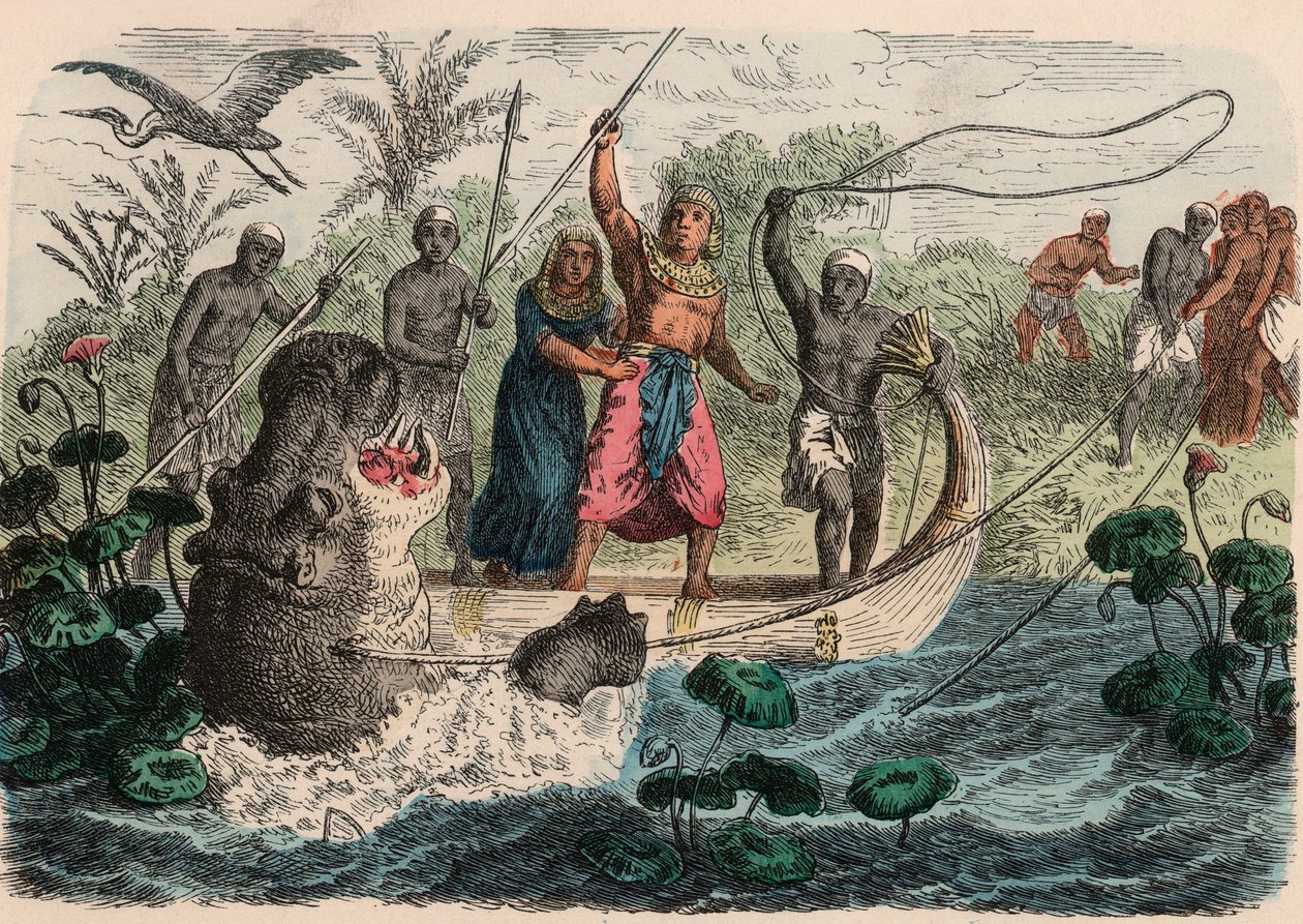 Muinainen Egypti: Faarao metsästää virtahepoa, 1866 tekijältä Heinrich Leutemann