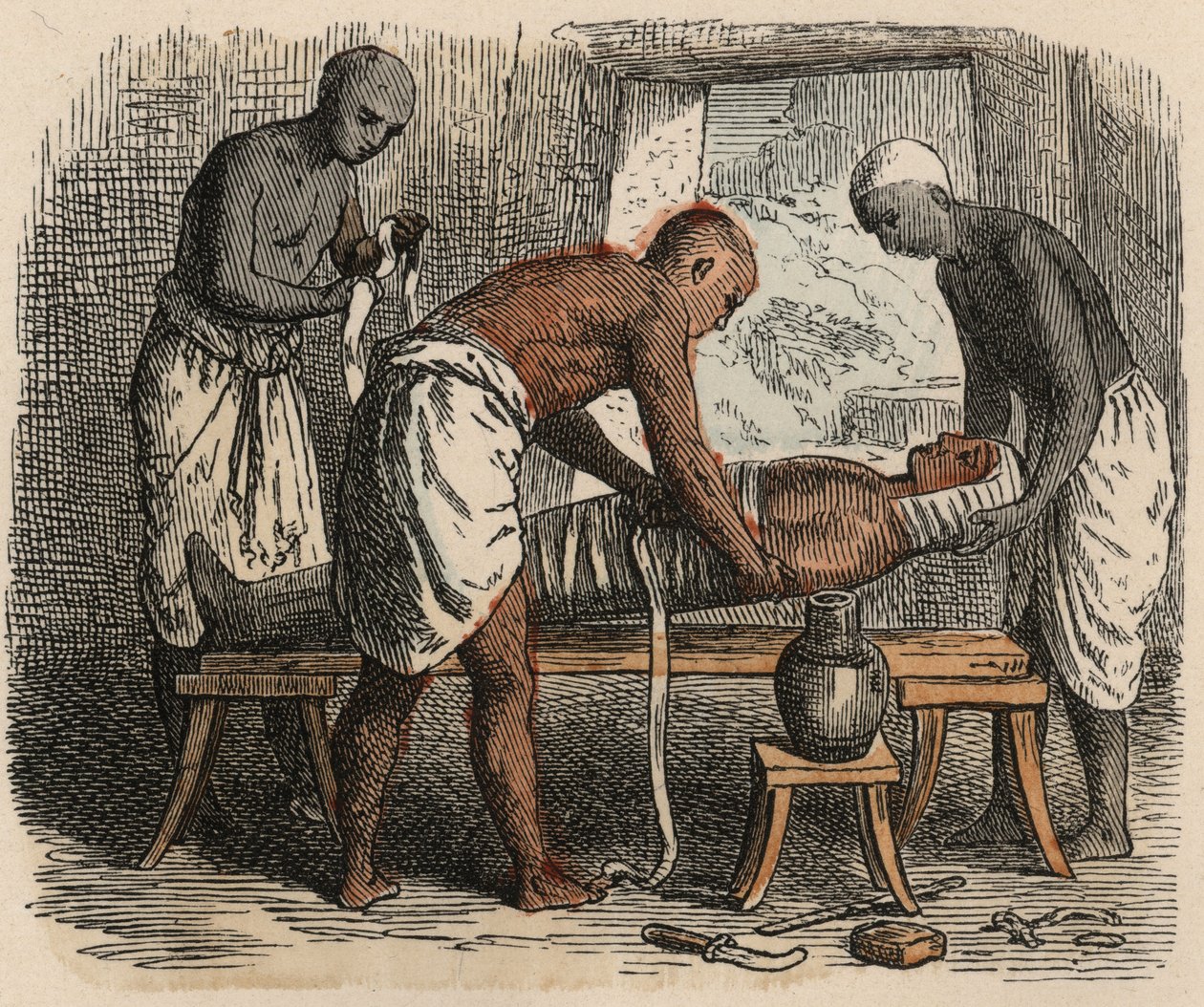 Muinainen Egypti: Muumion kääriminen, 1866 tekijältä Heinrich Leutemann