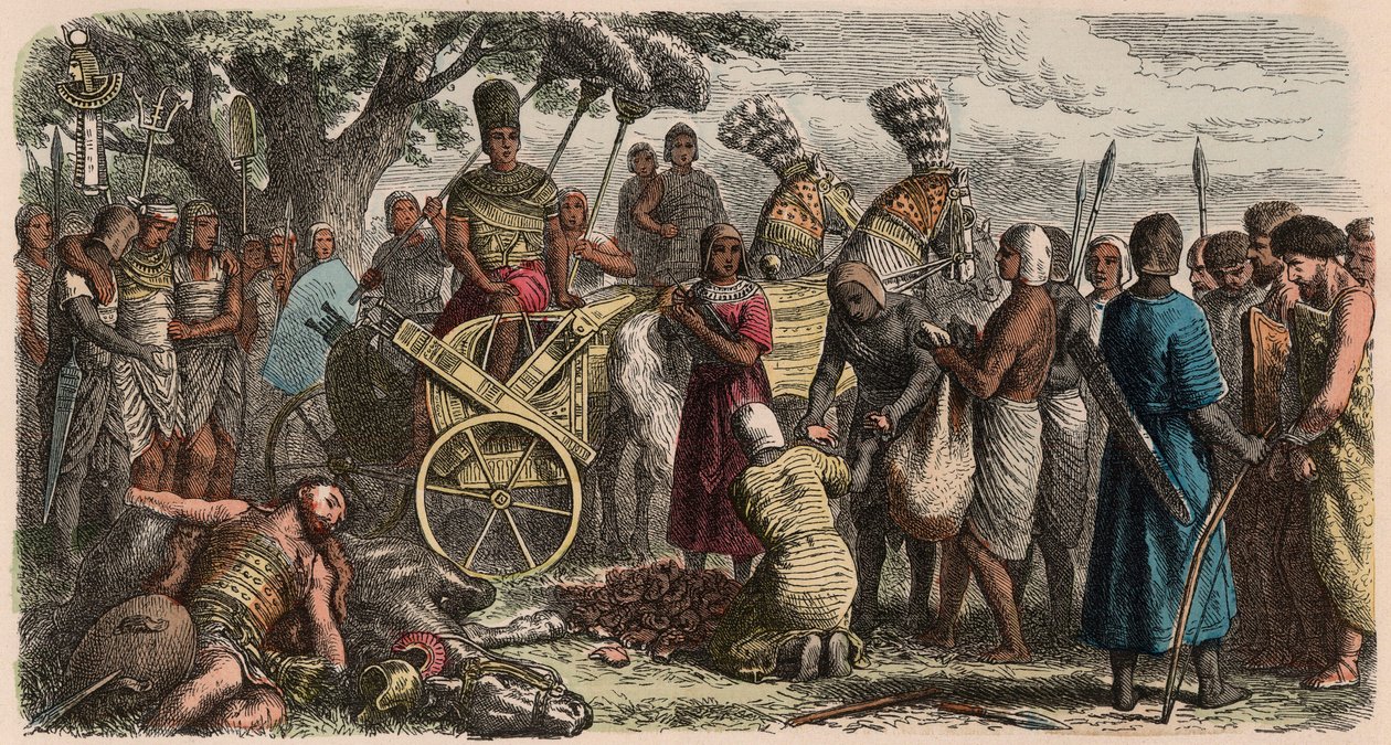 Muinainen Egypti: vangit tuotiin voittajan faarao Ramses II:n eteen, jotta heiltä leikattaisiin kätensä, 1866 tekijältä Heinrich Leutemann